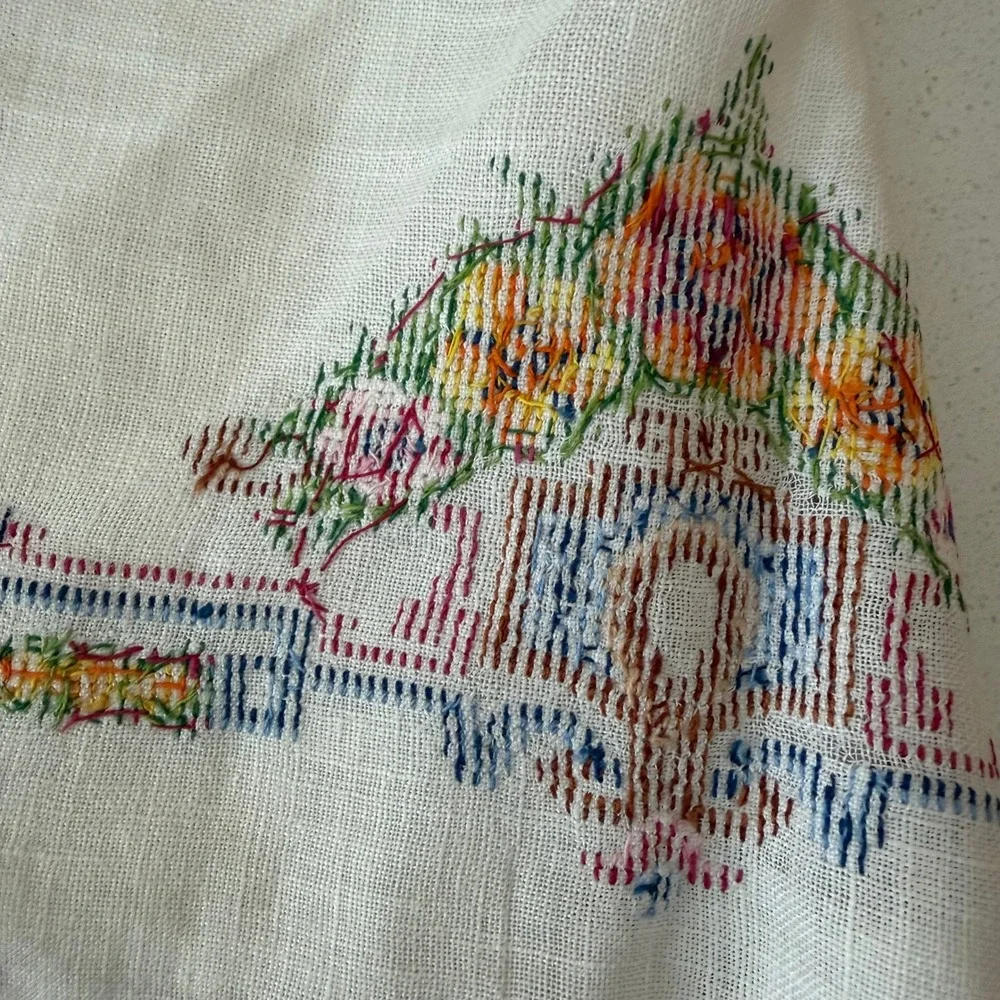 Vintage White Linen Hand Towel Floral Cross Stitch Embroidery‎ Decorative 13x22